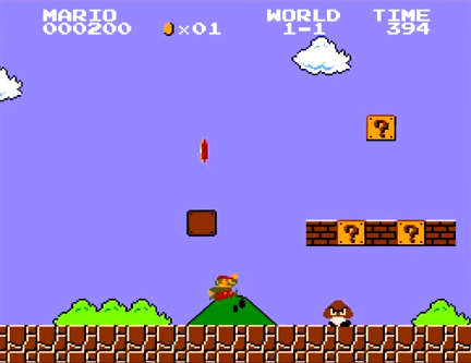 Capture d'écran du début du niveau 1-1 de Super Mario Bros.