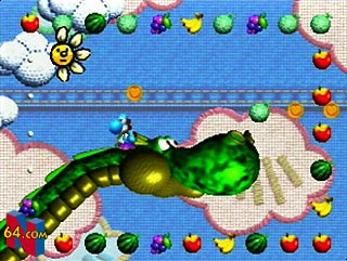 Capture d'écran de 'Yoshi's Story'. Un Yoshi fait un voyage à dos de dragon, tout comme ce qui se passe dans le niveau 'Cimetière des dragons' de 'Super Mario Bros. Wonder'.